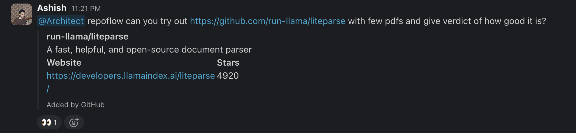 Tagging our OpenClaw agent in Slack to see run-llama/liteparse run without setting it up locally
