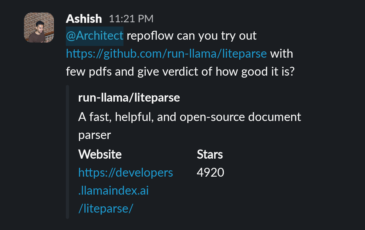 Tagging our OpenClaw agent in Slack to see run-llama/liteparse run without setting it up locally